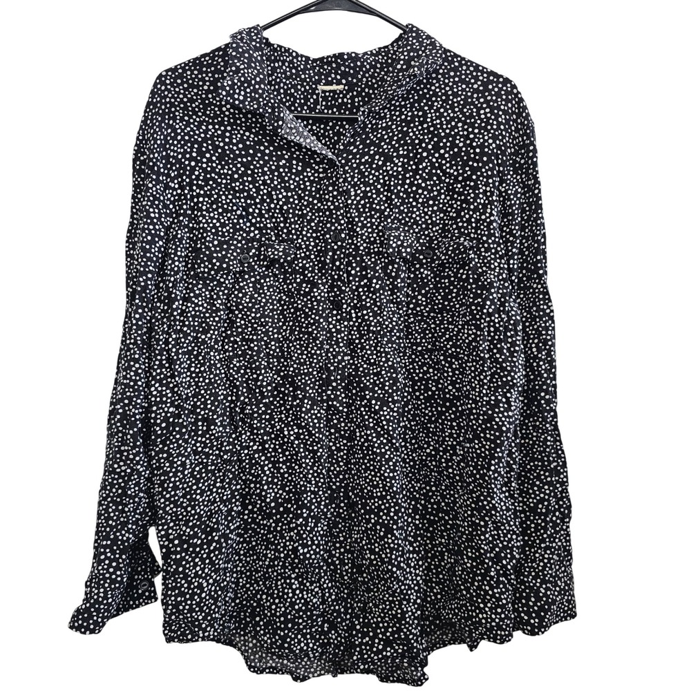 Womens Black White Polka Dot Button Down Long Sleeve Shirt Chest Pockets Blouse